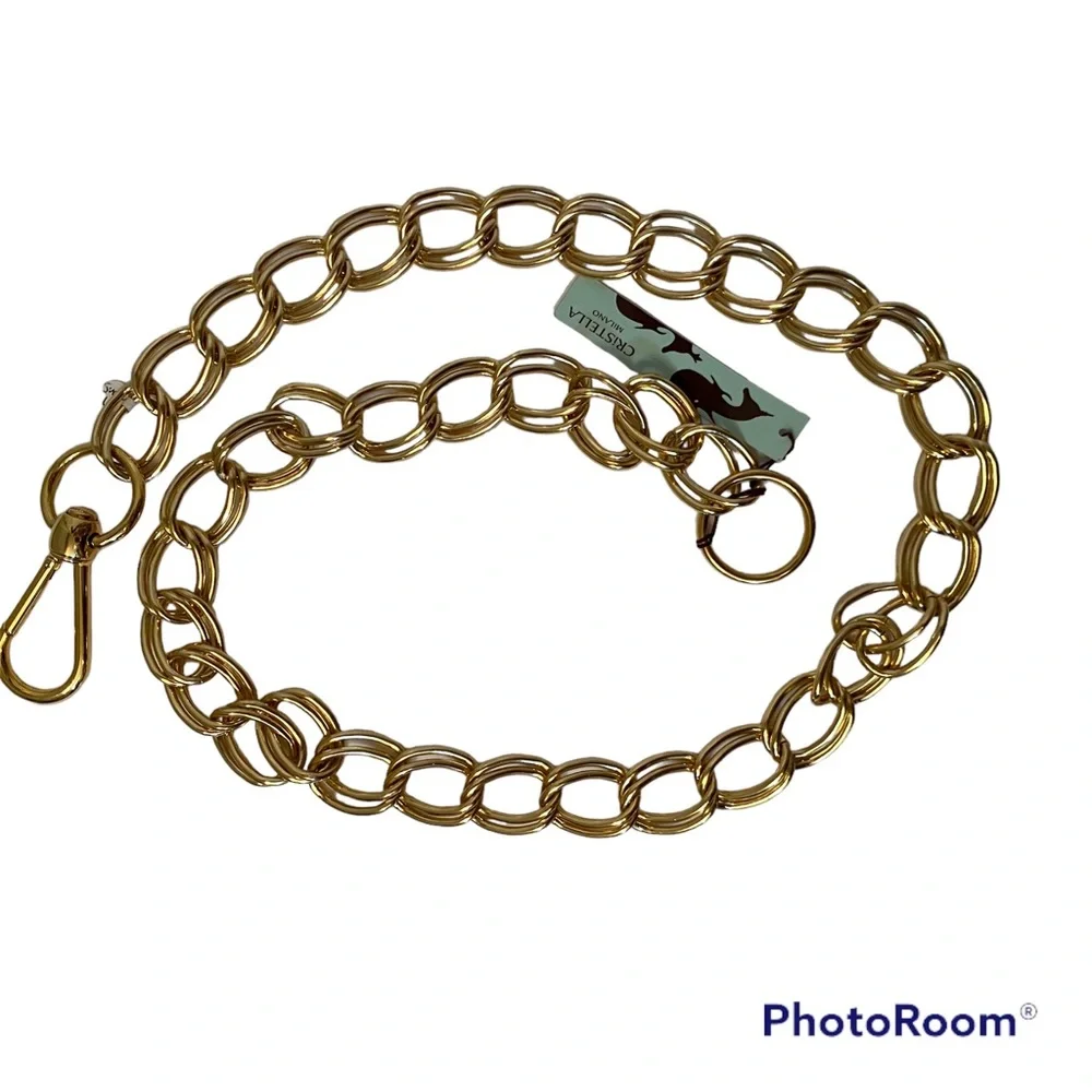 NEW CRISTELLA BELT LARGE DOUBLE LOOP GOLD CHAIN ITALY SIZE L NWT